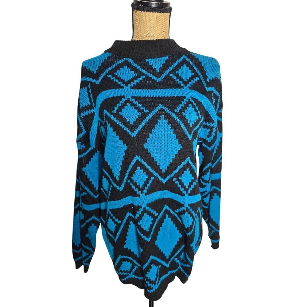Vintage 80s Bears Crossing Electric Blue Black Sweater